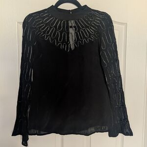 ecru Black Sheer-Accent Embellished Long-Sleeve Blouse